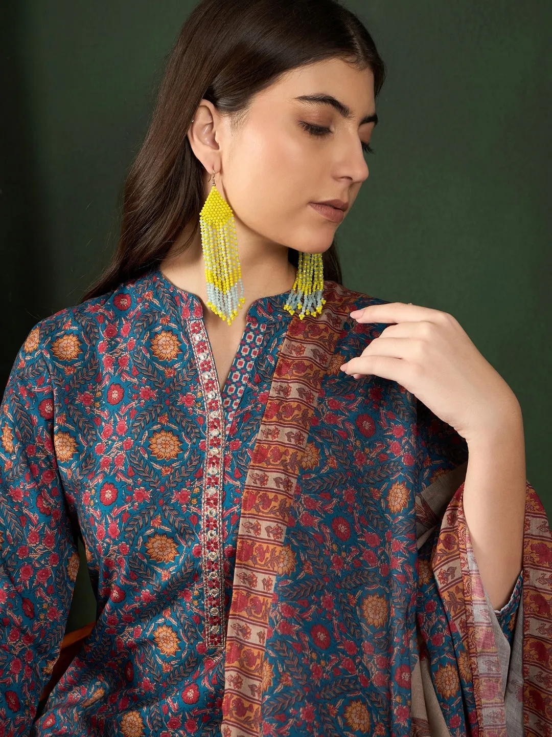 Blue Poly Rayon Floral Printed 3-Piece Kurta Set