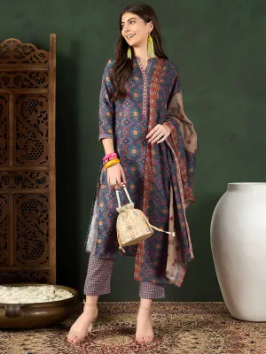 Blue Poly Rayon Floral Printed 3-Piece Kurta Set