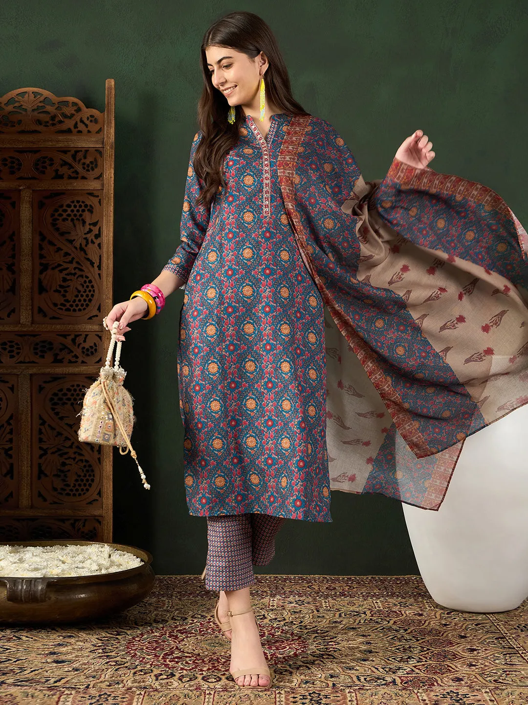 Blue Poly Rayon Floral Printed 3-Piece Kurta Set