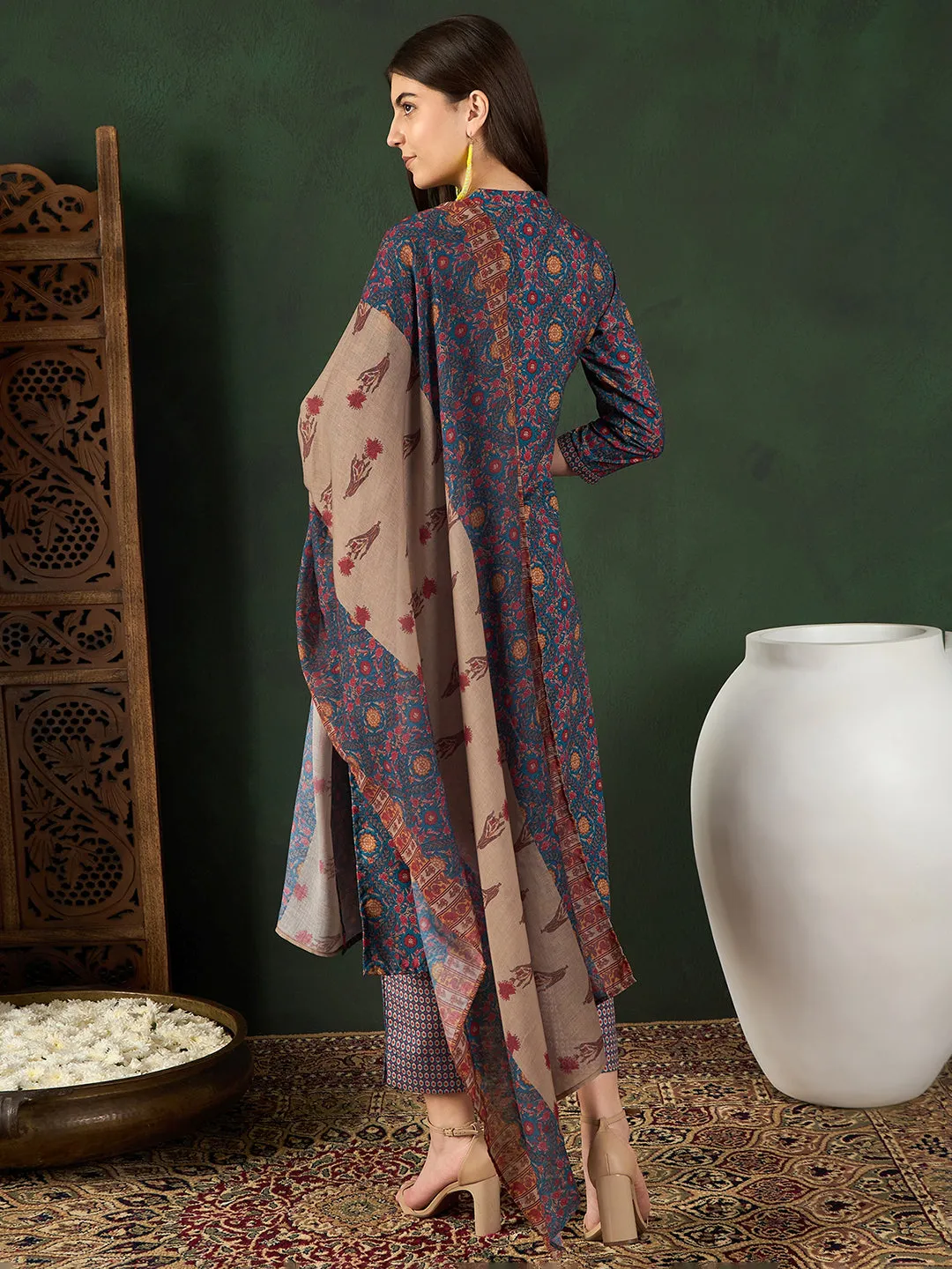 Blue Poly Rayon Floral Printed 3-Piece Kurta Set
