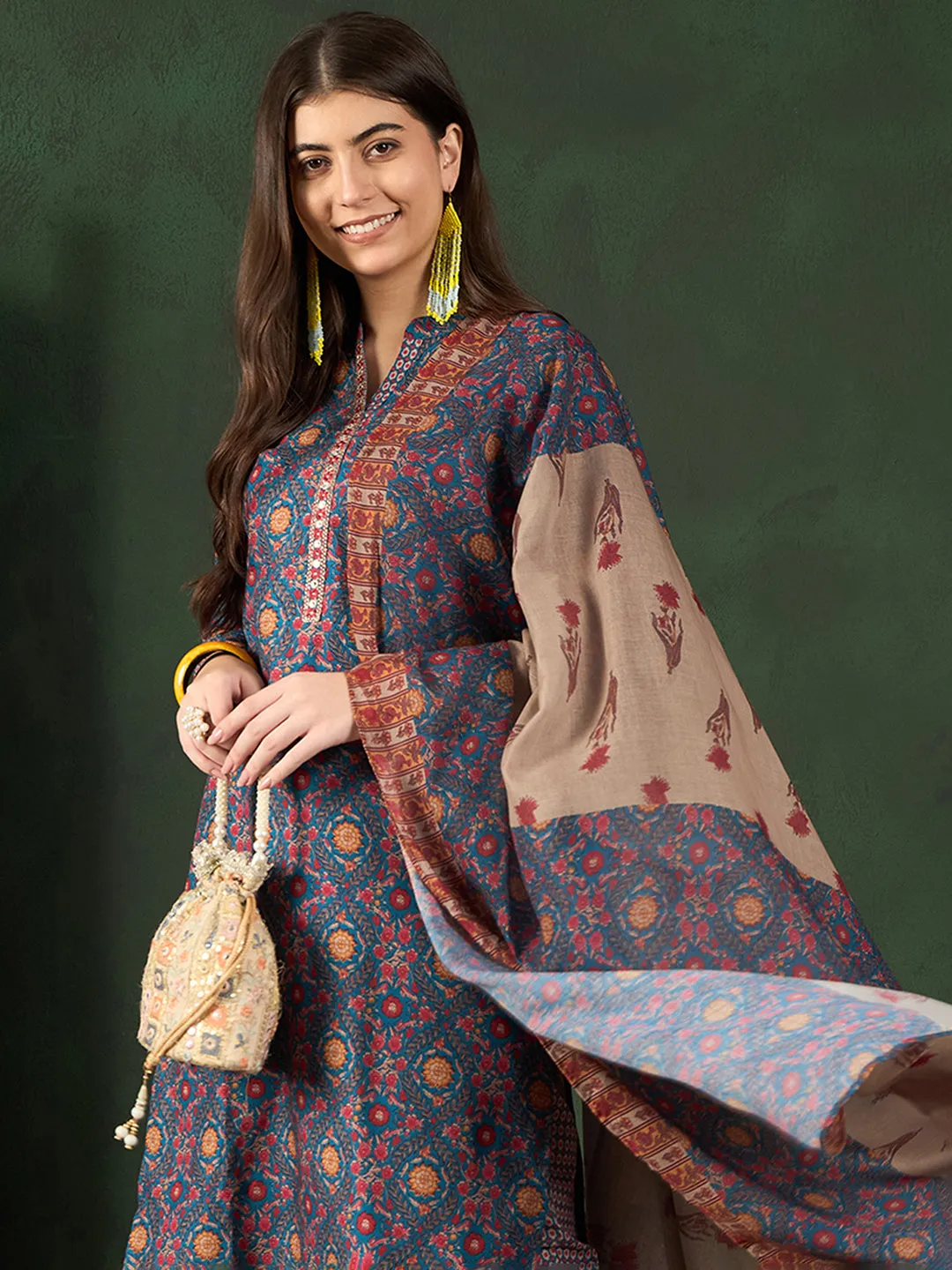 Blue Poly Rayon Floral Printed 3-Piece Kurta Set