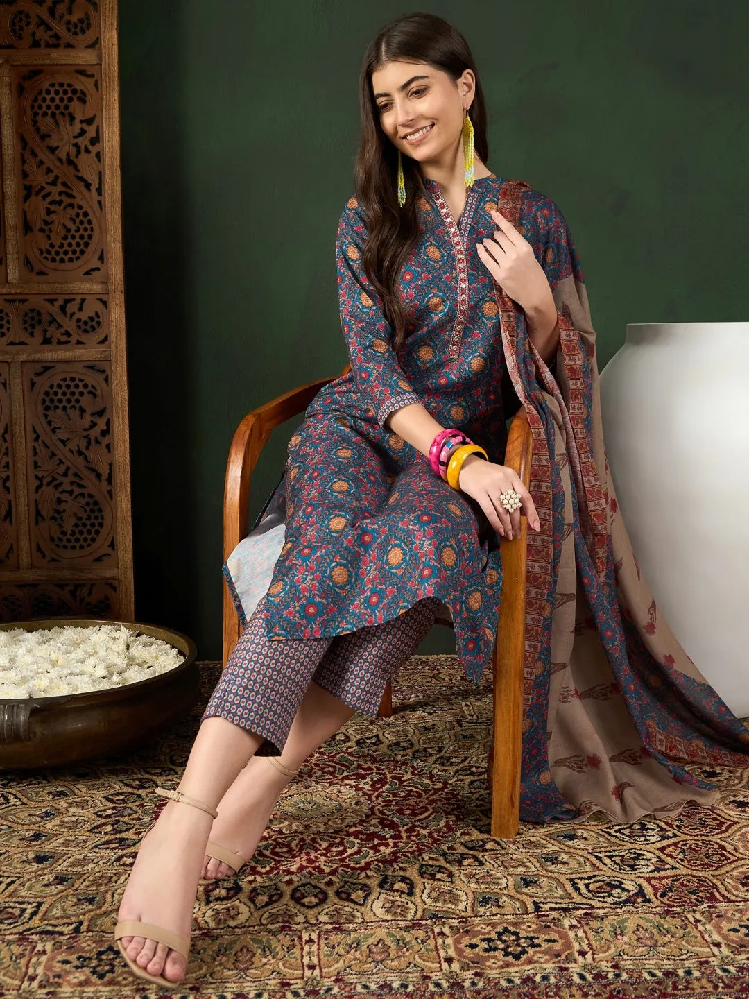 Blue Poly Rayon Floral Printed 3-Piece Kurta Set