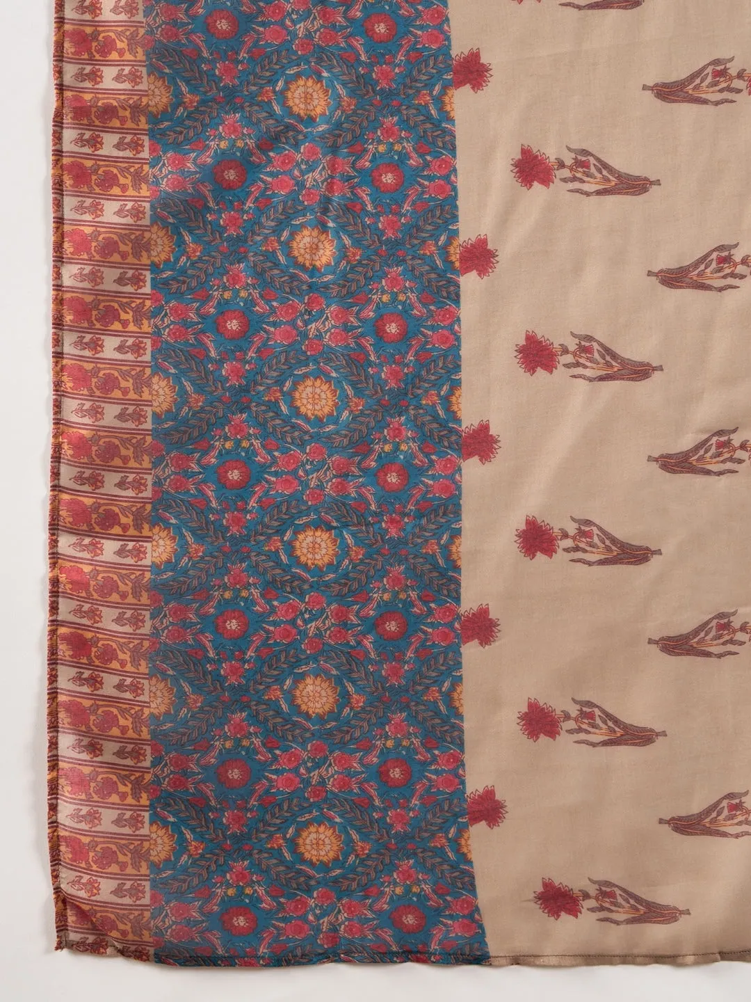 Blue Poly Rayon Floral Printed 3-Piece Kurta Set