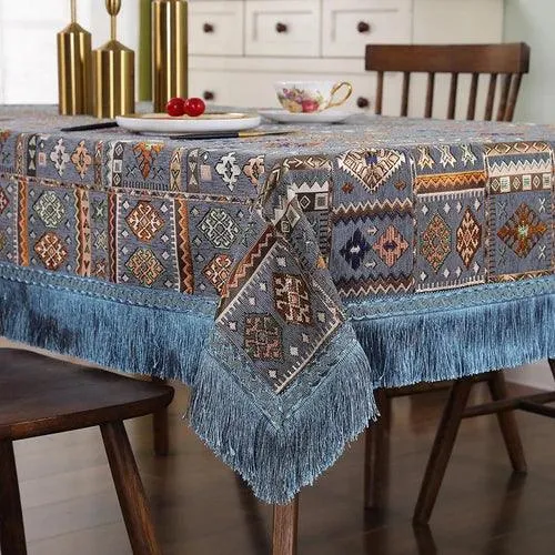 Bohemian Chic Embroidered Table Cover with Trendy Tassels