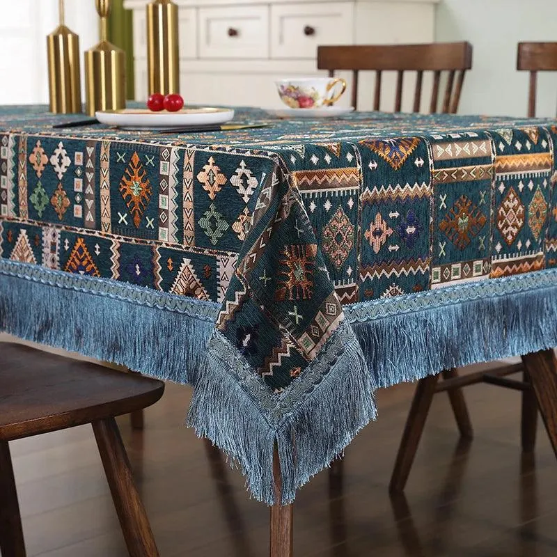 Bohemian Chic Embroidered Table Cover with Trendy Tassels