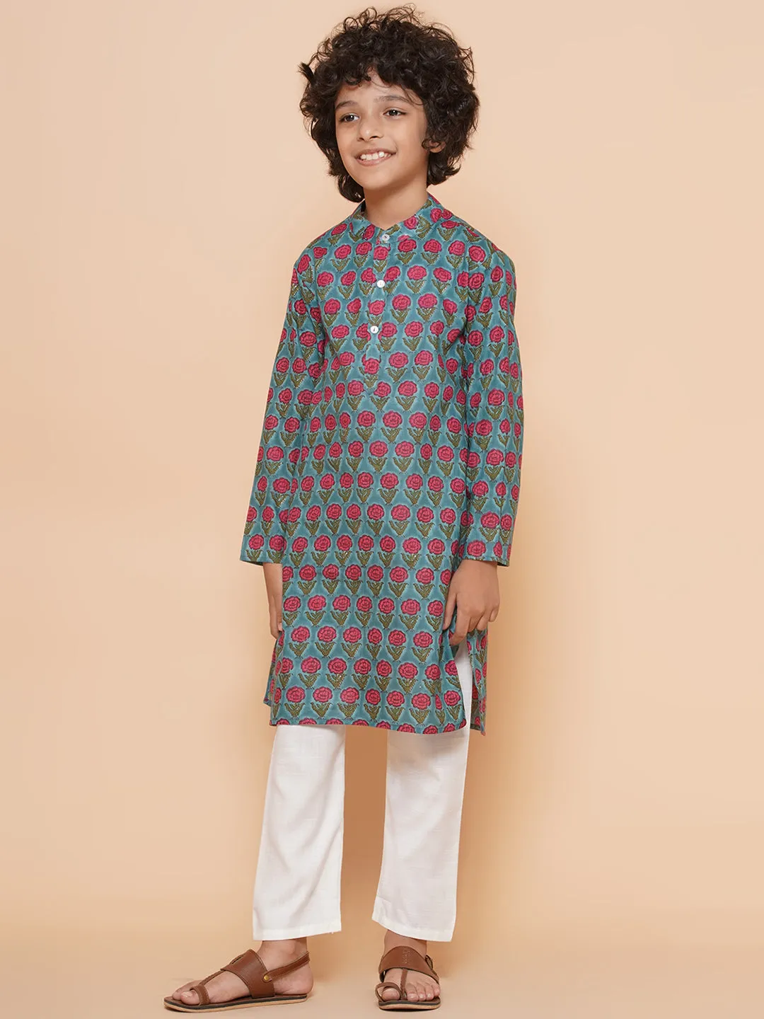 Boys Blue Cotton Printed Kurta With Pyjamas