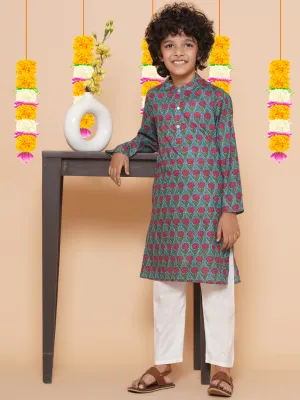 Boys Blue Cotton Printed Kurta With Pyjamas