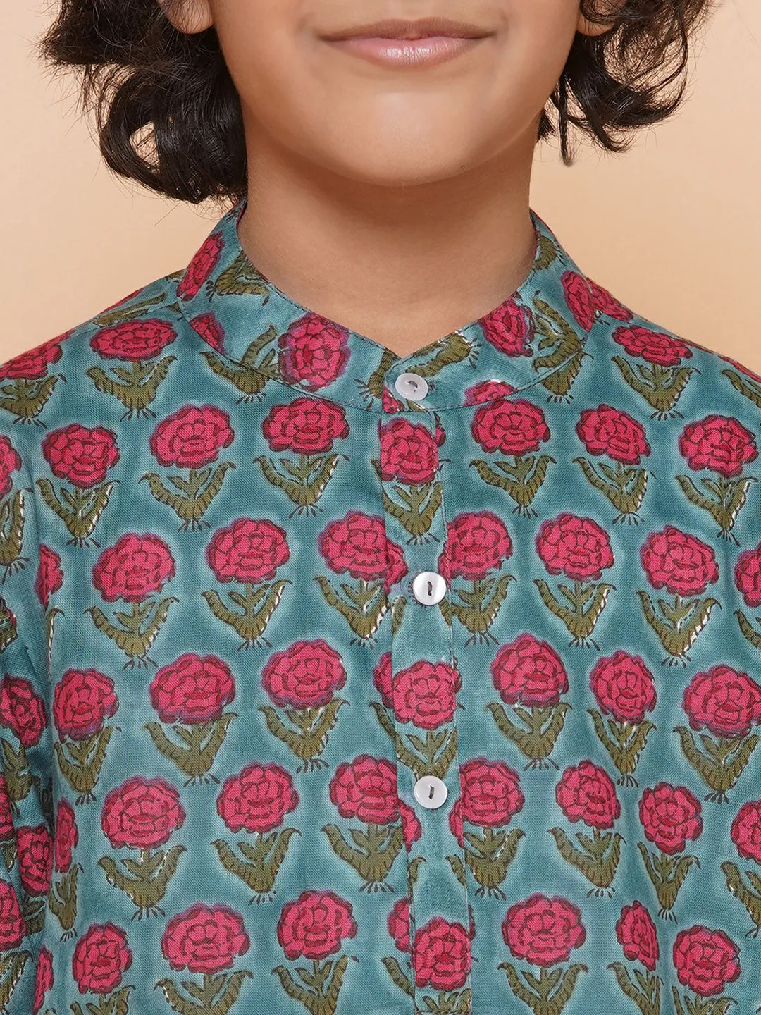 Boys Blue Cotton Printed Kurta With Pyjamas