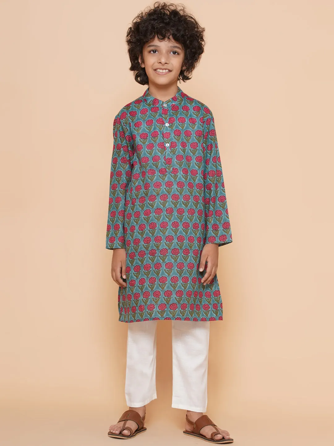 Boys Blue Cotton Printed Kurta With Pyjamas