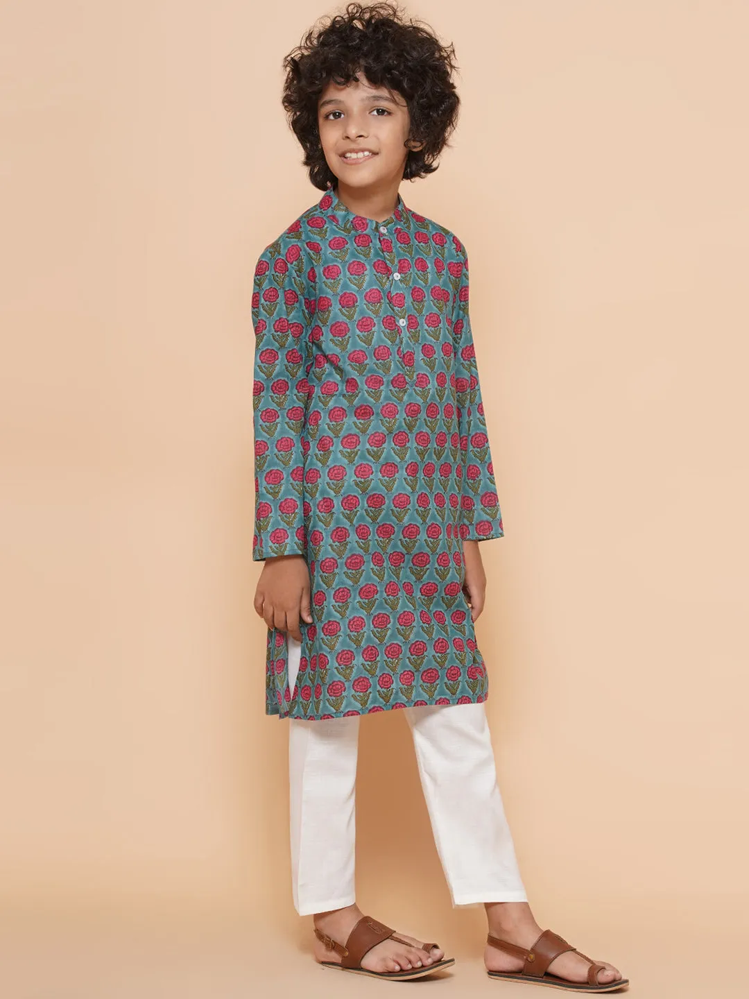Boys Blue Cotton Printed Kurta With Pyjamas