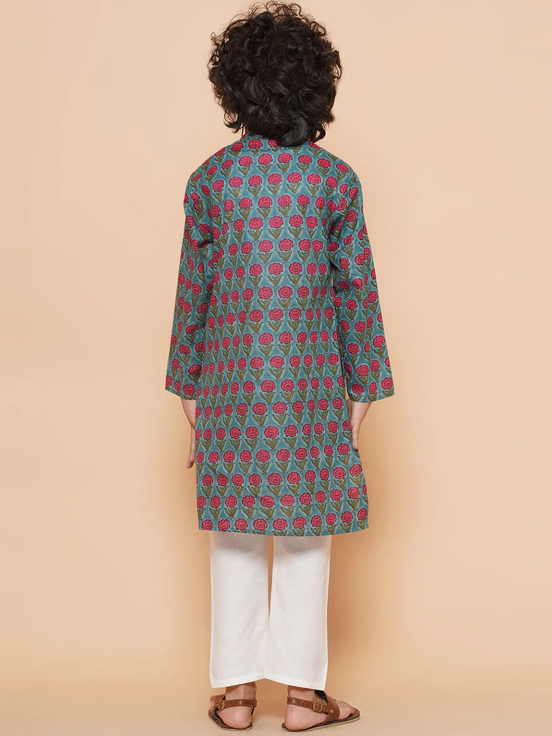 Boys Blue Cotton Printed Kurta With Pyjamas