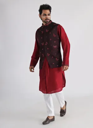 Brown Embroidered Satin Nehru Jacket