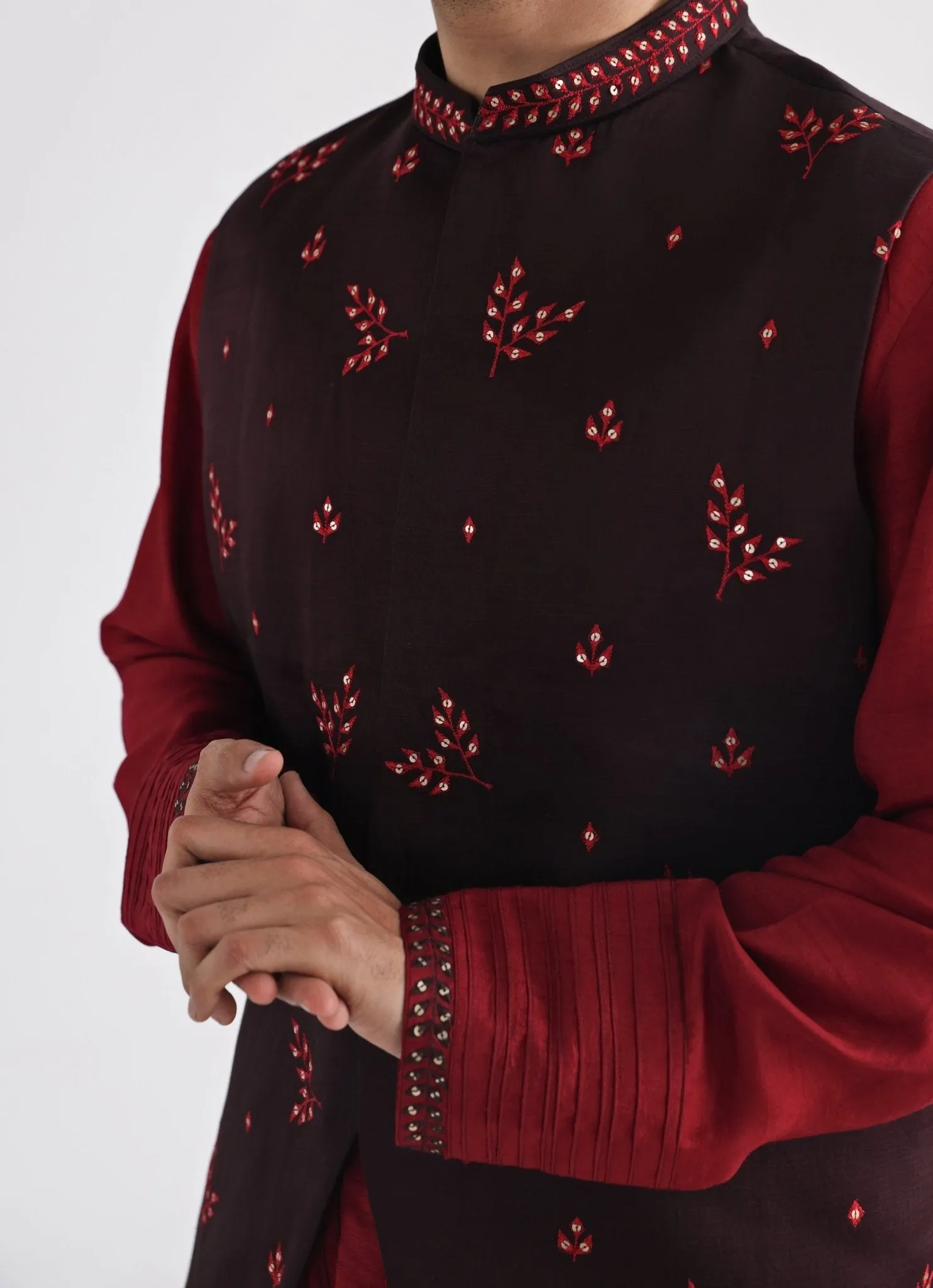 Brown Embroidered Satin Nehru Jacket