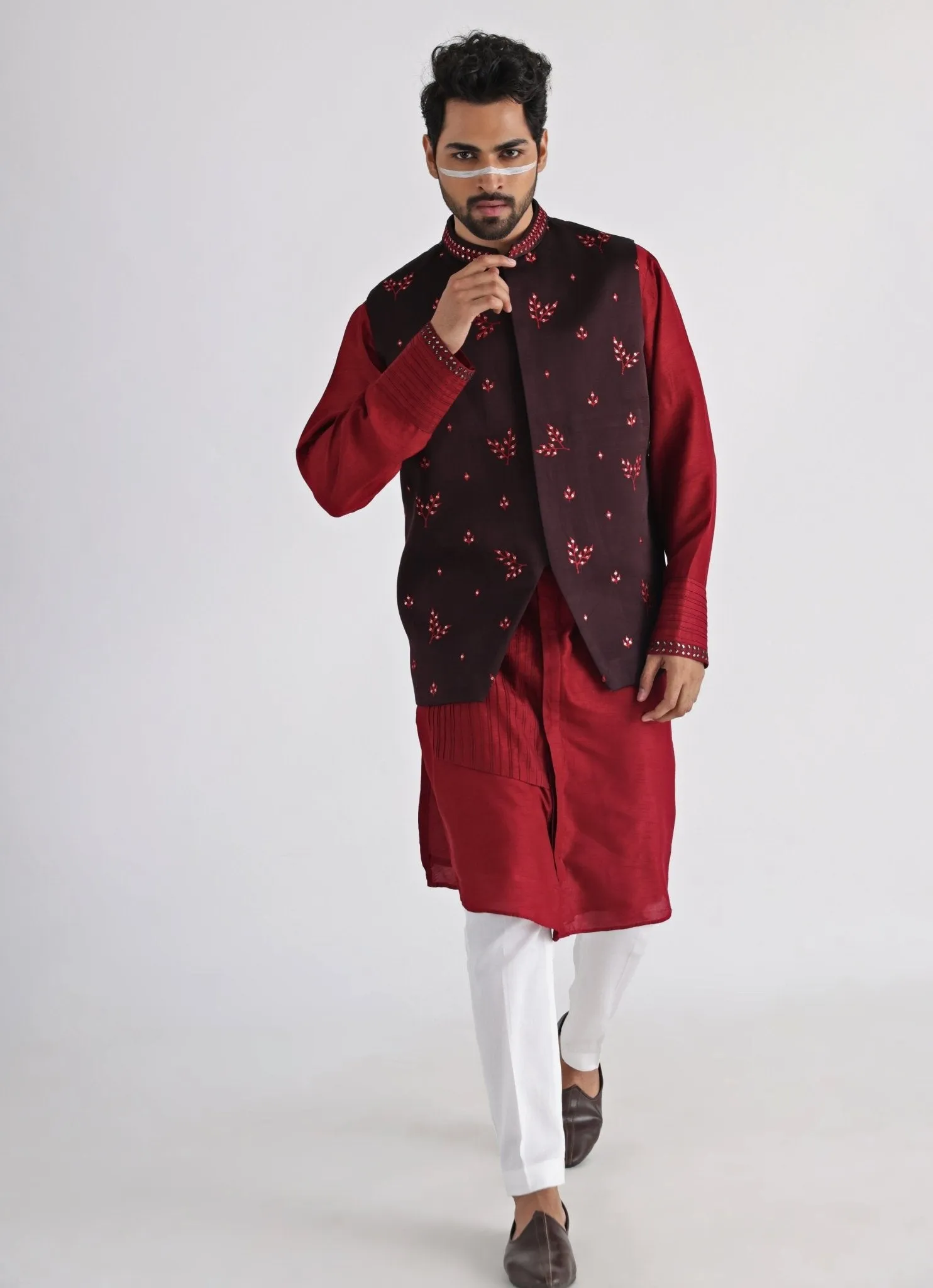 Brown Embroidered Satin Nehru Jacket