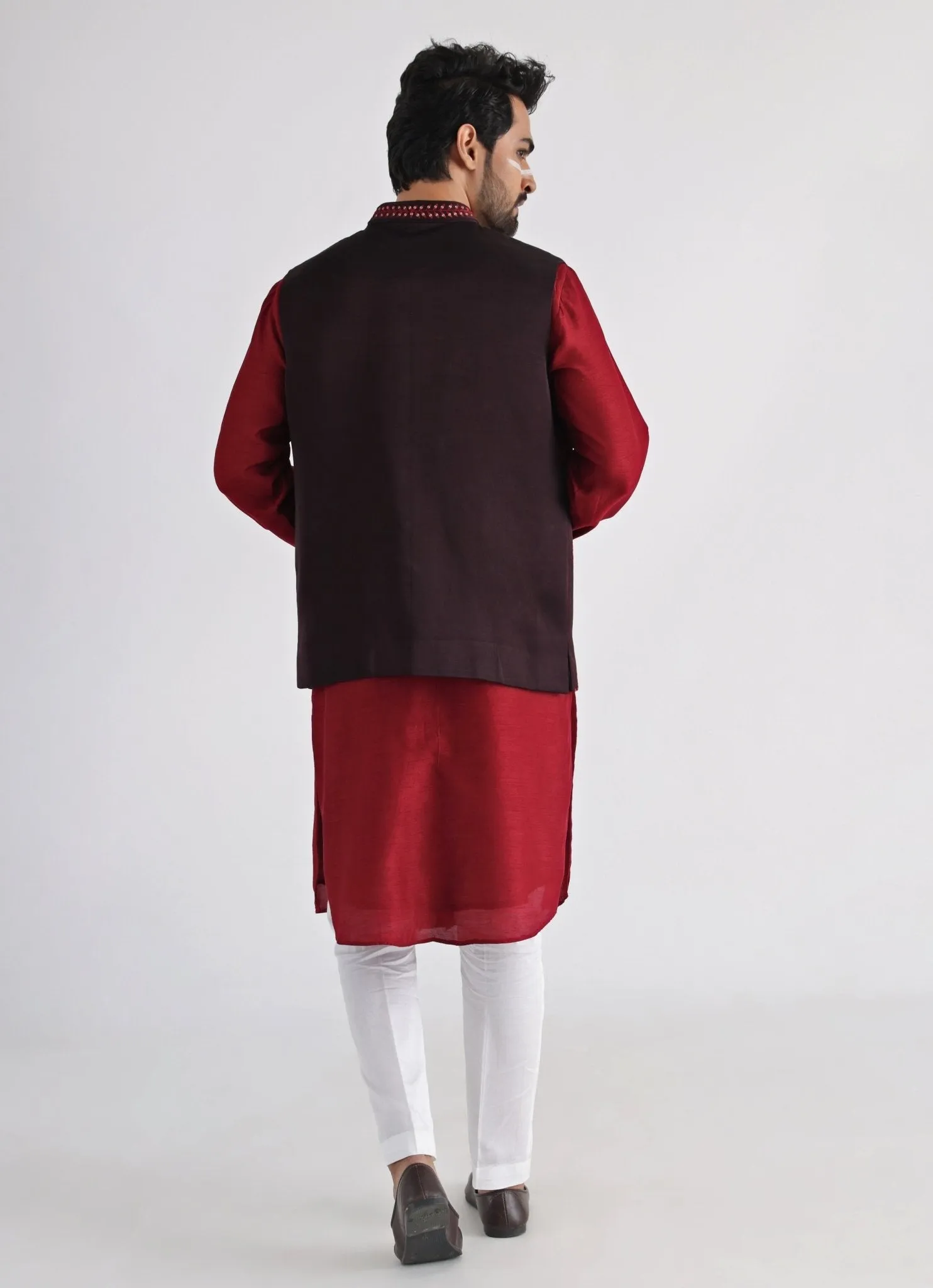 Brown Embroidered Satin Nehru Jacket