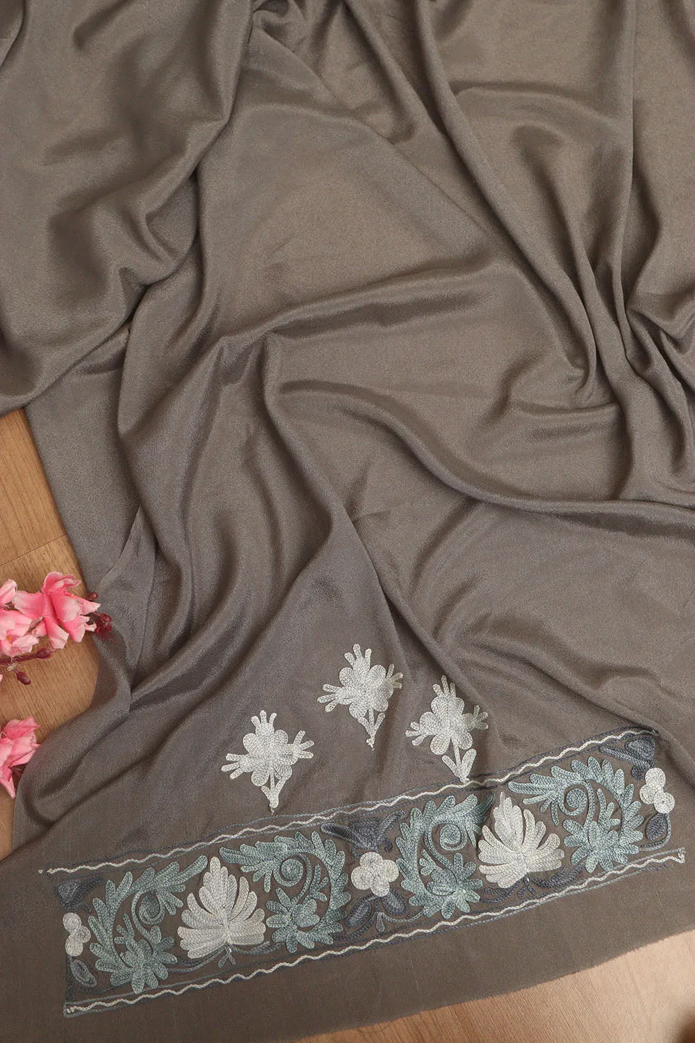 Elegant Grey Embroidered Kashmiri Aari Work Crepe Saree