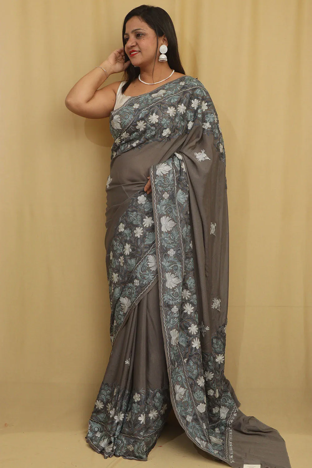 Elegant Grey Embroidered Kashmiri Aari Work Crepe Saree