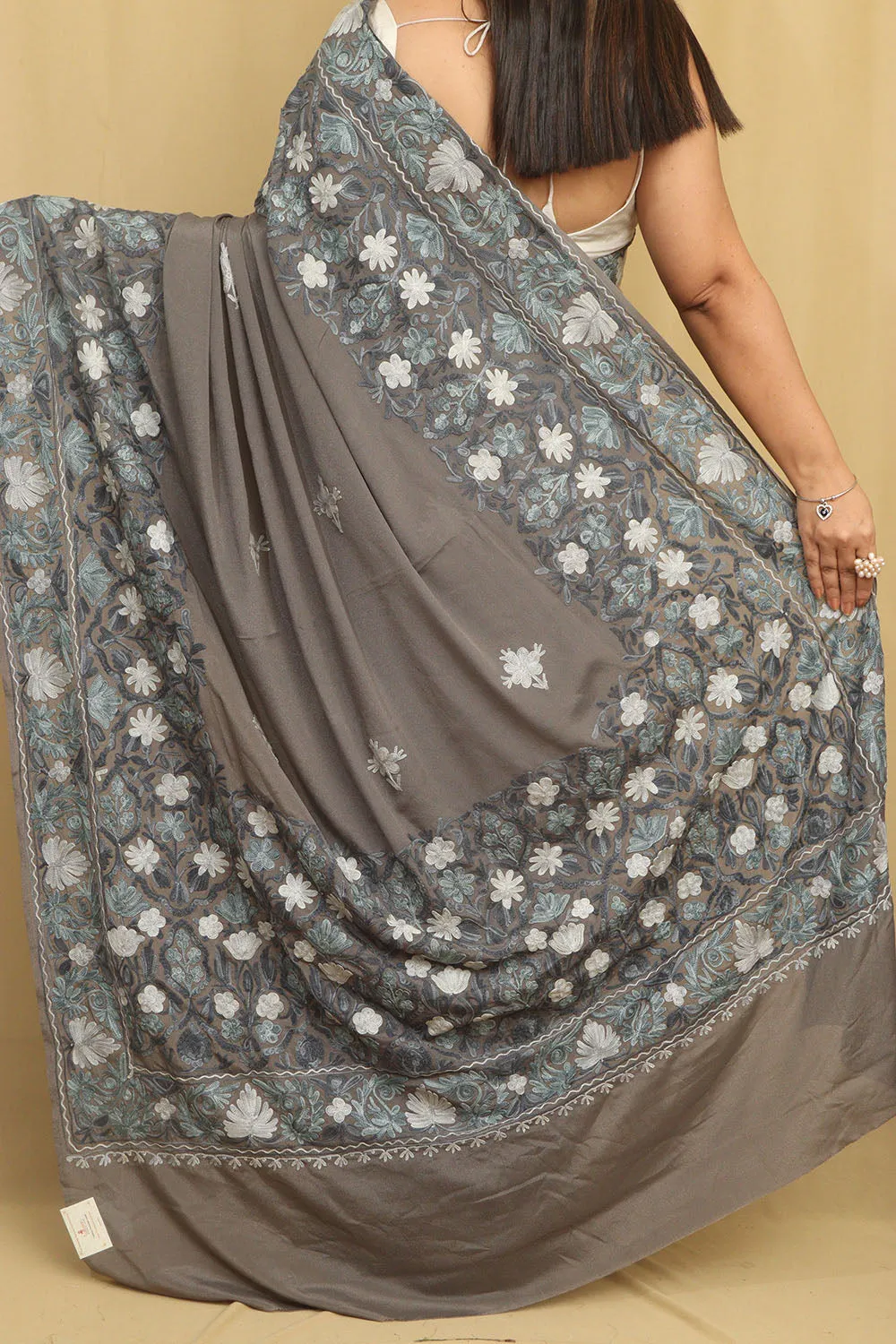 Elegant Grey Embroidered Kashmiri Aari Work Crepe Saree