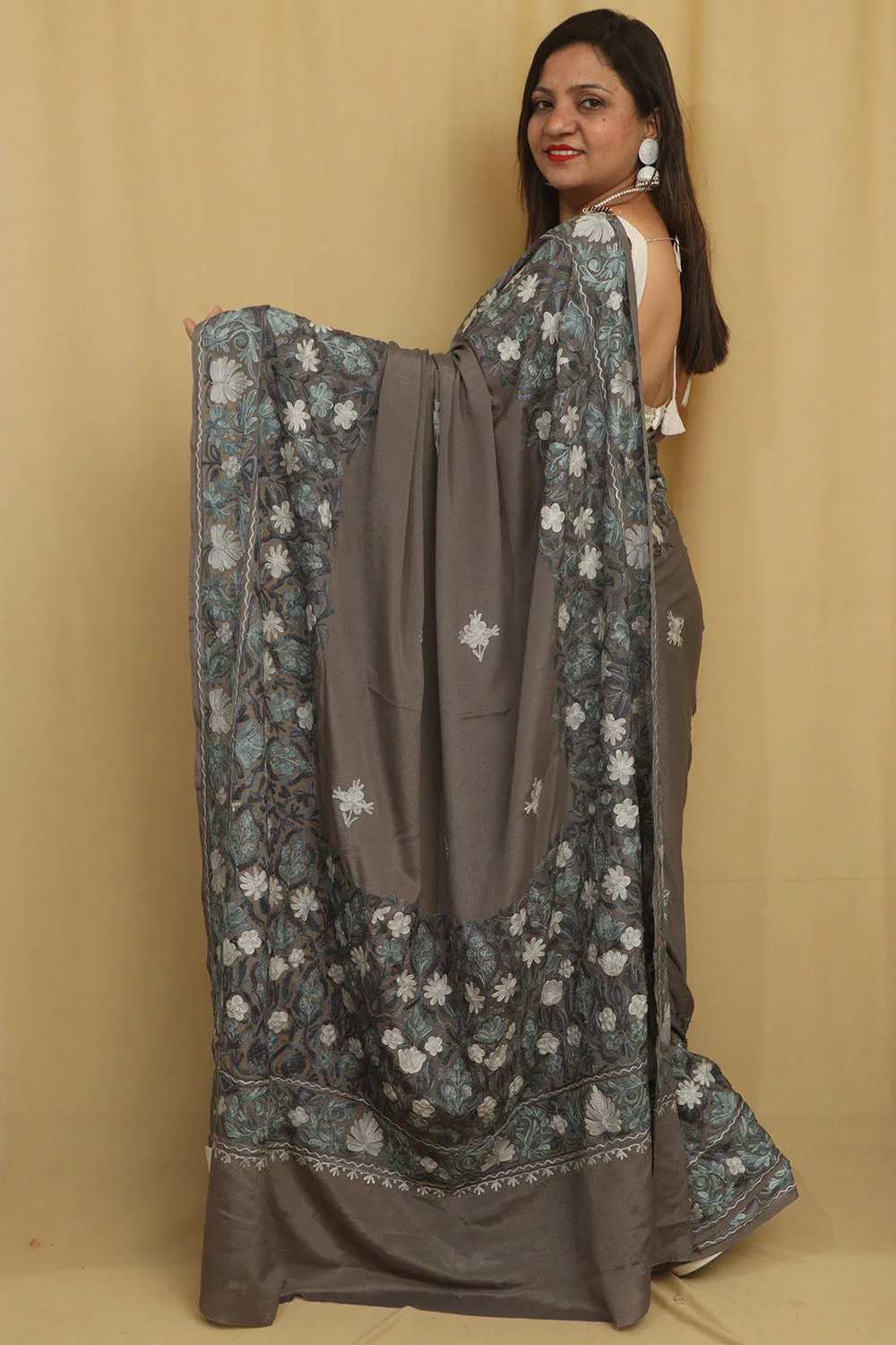 Elegant Grey Embroidered Kashmiri Aari Work Crepe Saree