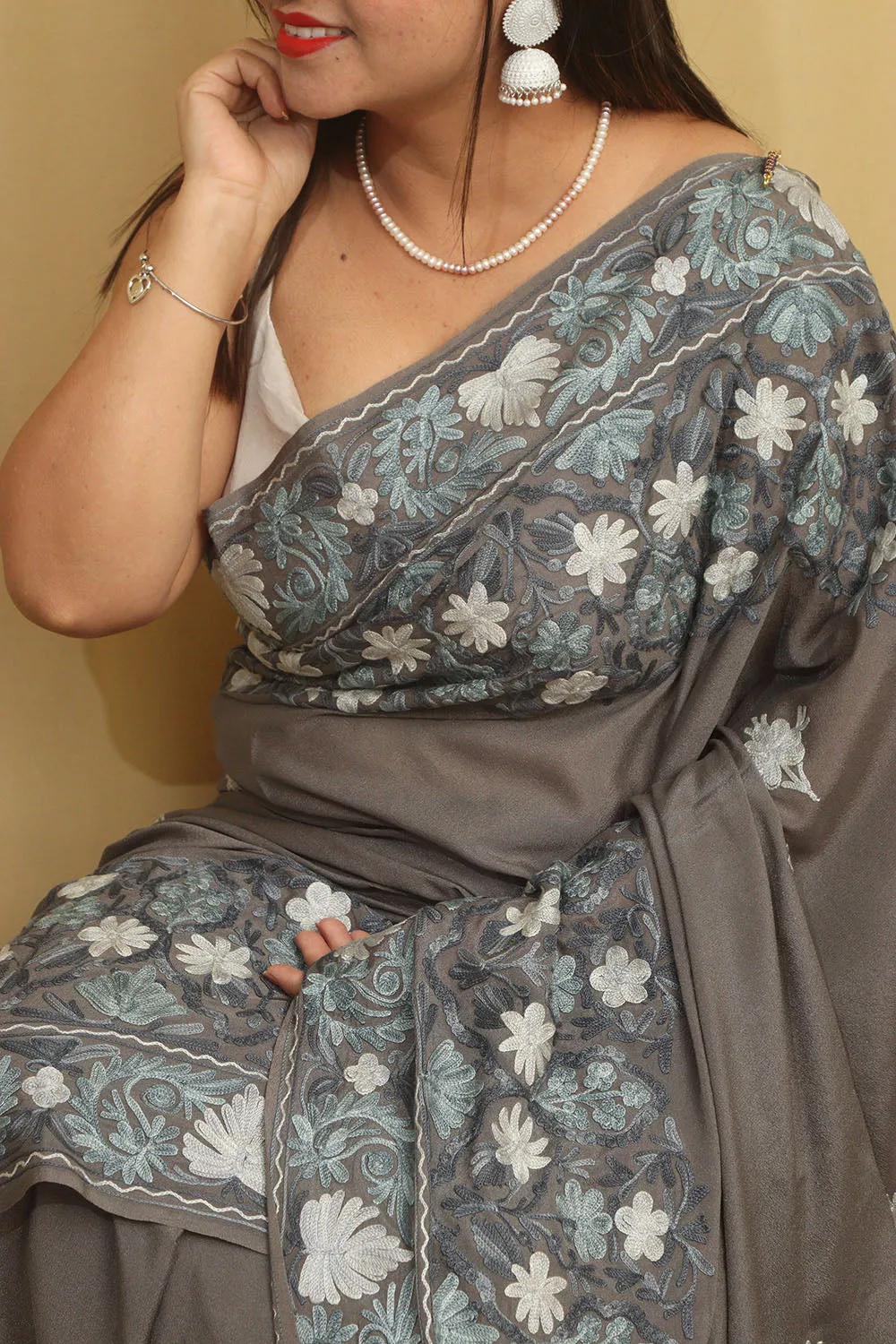Elegant Grey Embroidered Kashmiri Aari Work Crepe Saree