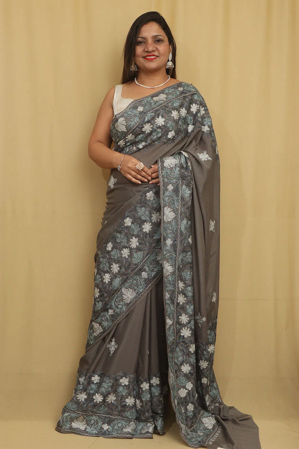 Elegant Grey Embroidered Kashmiri Aari Work Crepe Saree