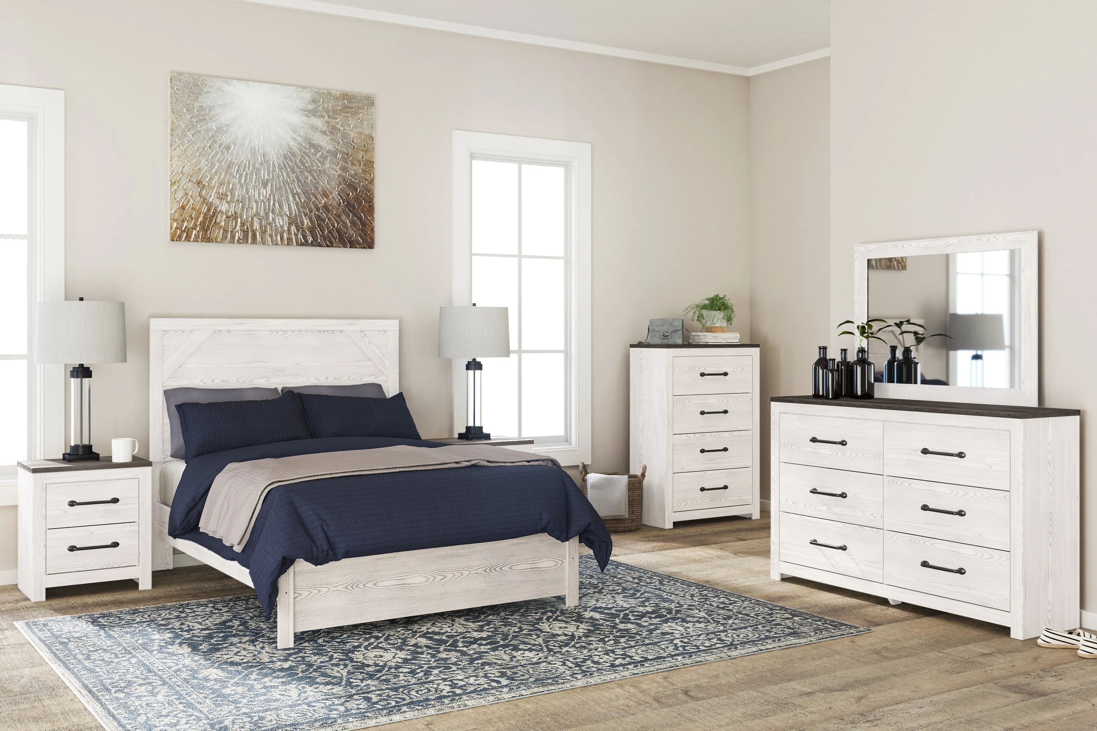 Gerridan Full Panel Bed with Mirrored Dresser and Chest in White/Gray
