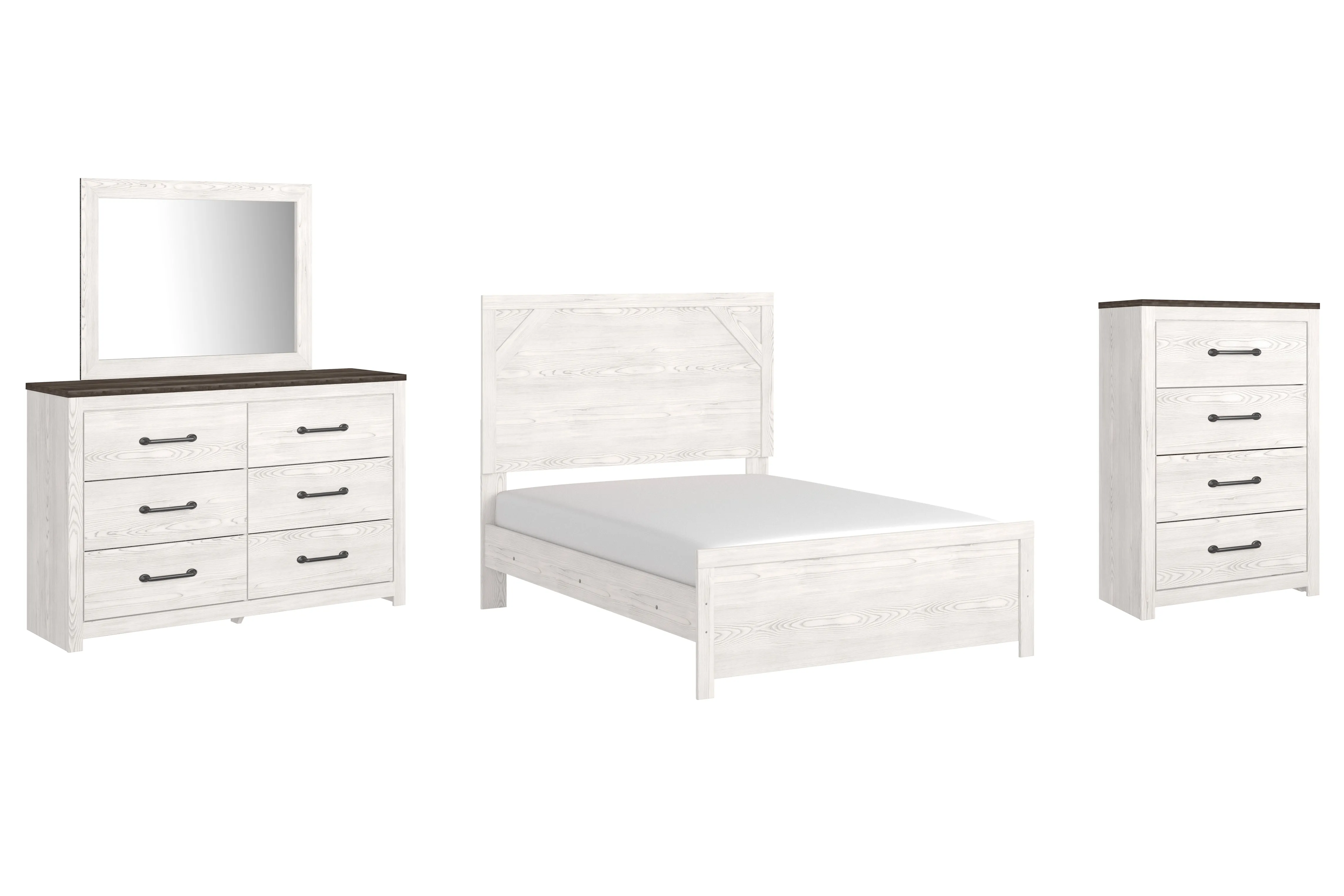 Gerridan Full Panel Bed with Mirrored Dresser and Chest in White/Gray