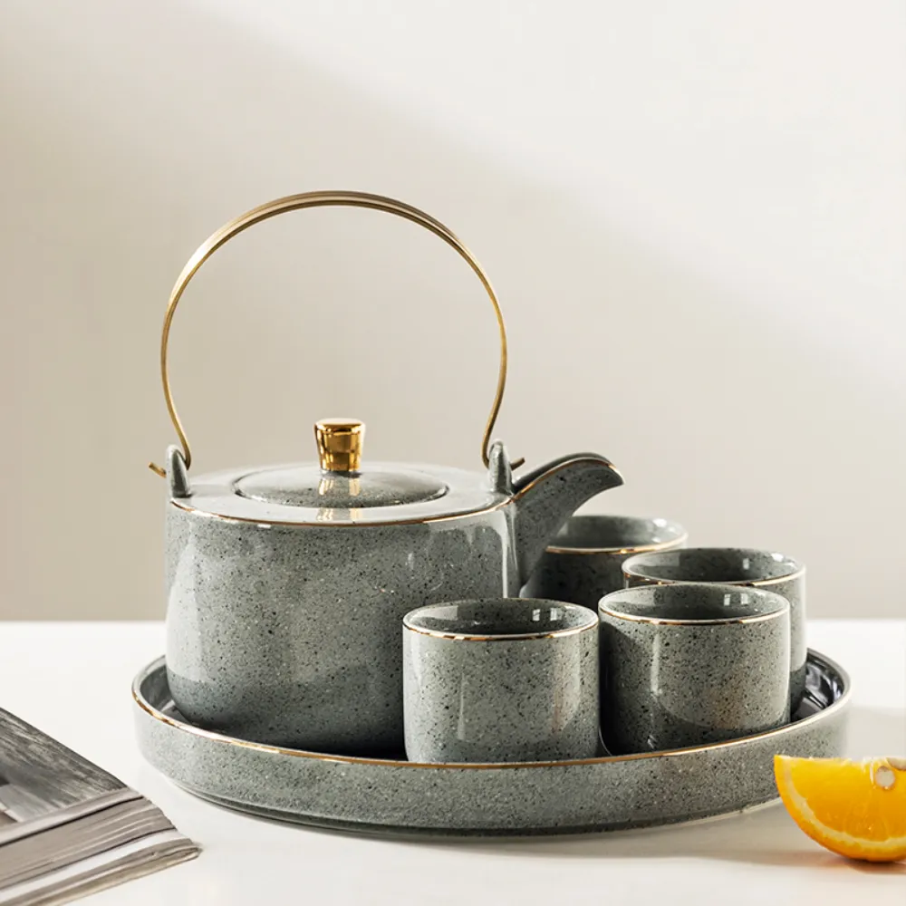 Japanese Grey Golden Rim Ceramic Teapot Set