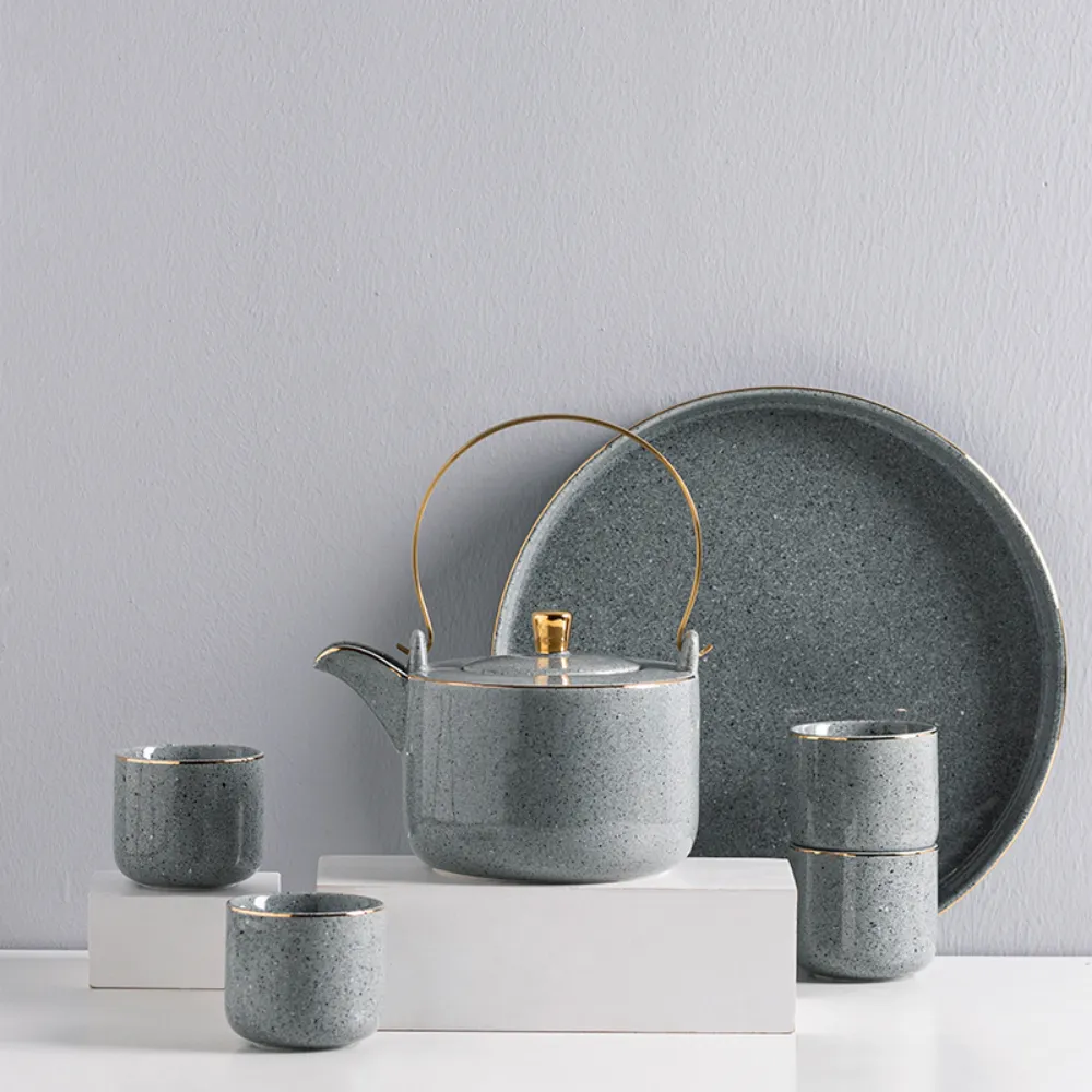 Japanese Grey Golden Rim Ceramic Teapot Set