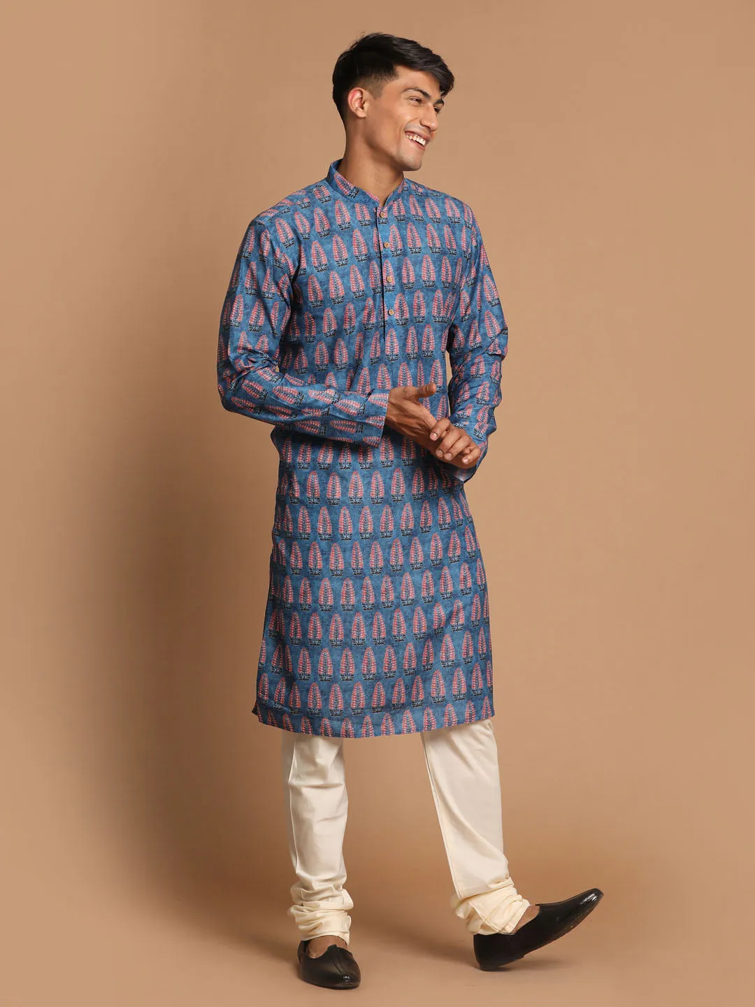Jashvi Men's Blue Ethnic Kurta with Cream Pyjama Set