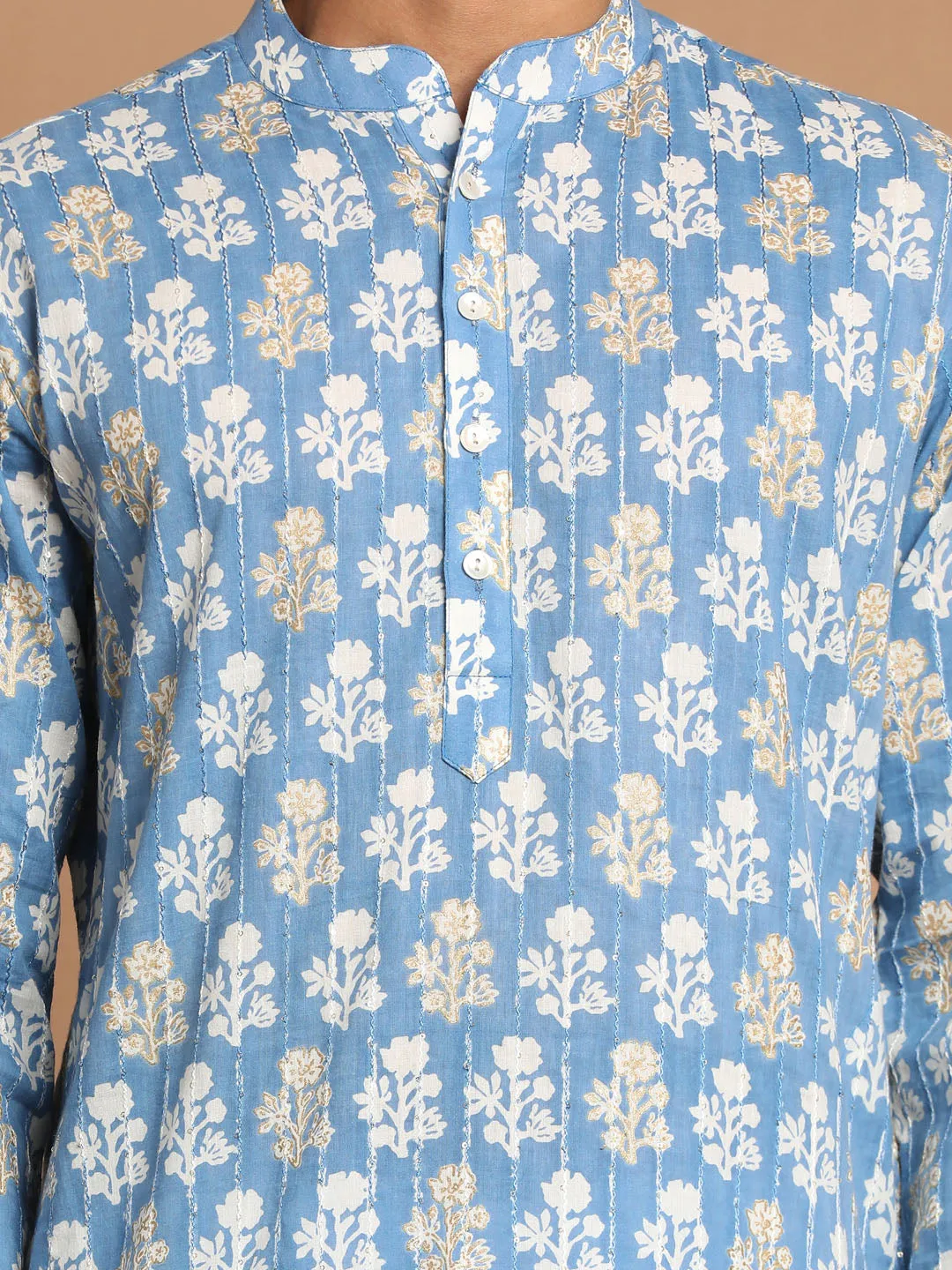 Jashvi Men's Blue Printed Pure Cotton Kurta With White Churidar