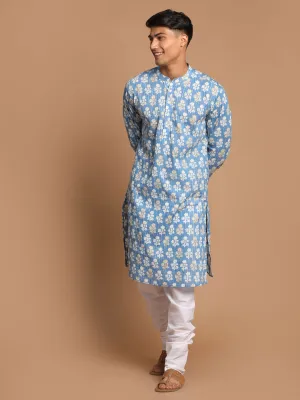 Jashvi Men's Blue Printed Pure Cotton Kurta With White Churidar