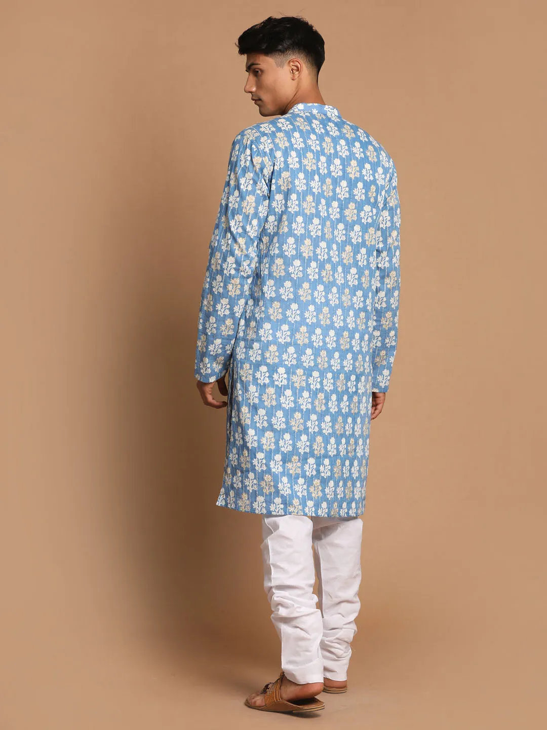 Jashvi Men's Blue Printed Pure Cotton Kurta With White Churidar