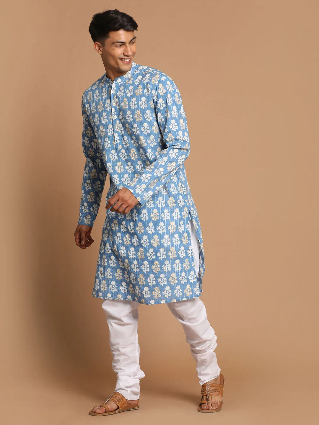 Jashvi Men's Blue Printed Pure Cotton Kurta With White Churidar