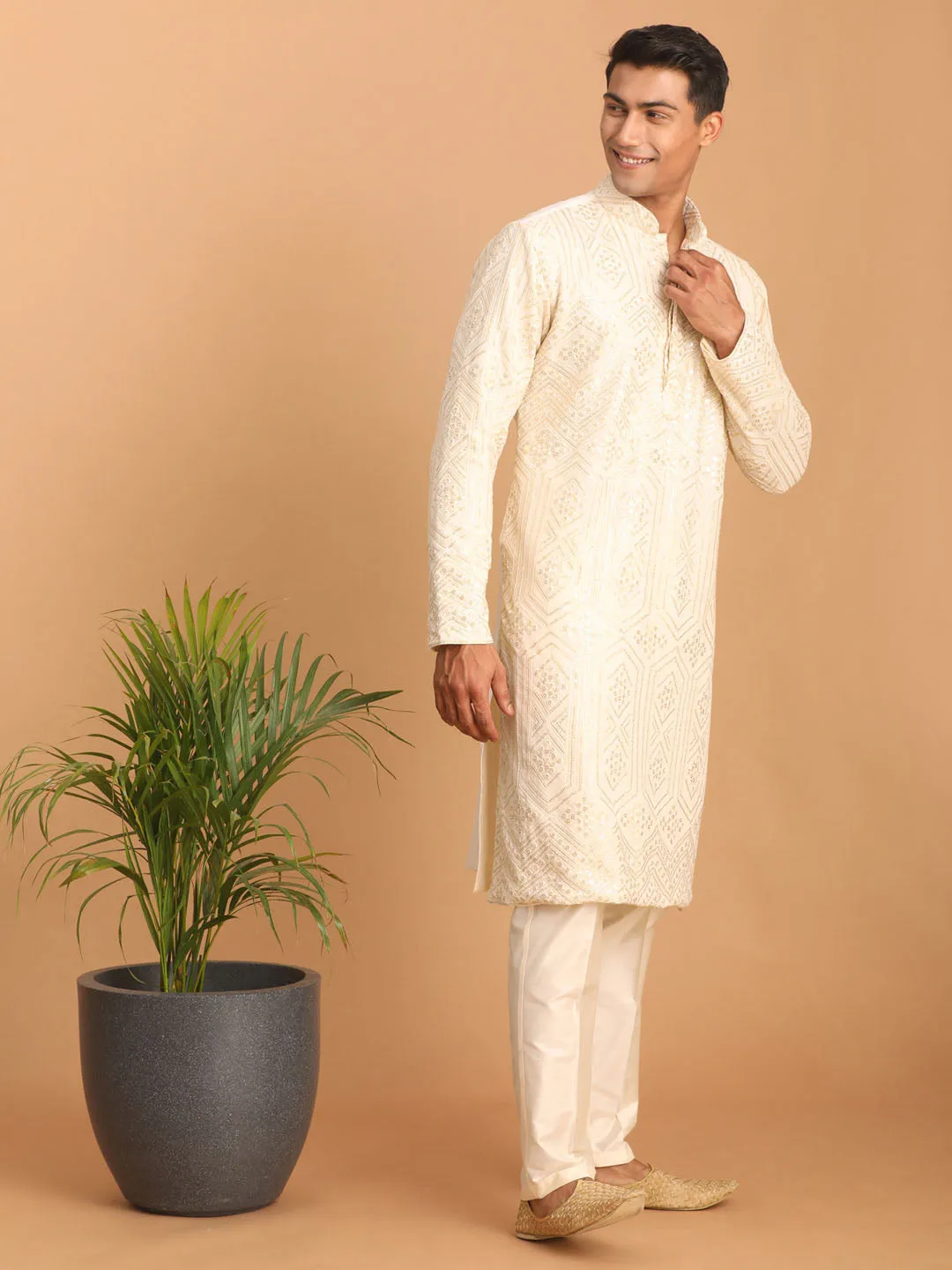 Jashvi Men's Cream Golden Sequin Embroidered Kurta And Cream Pant Set