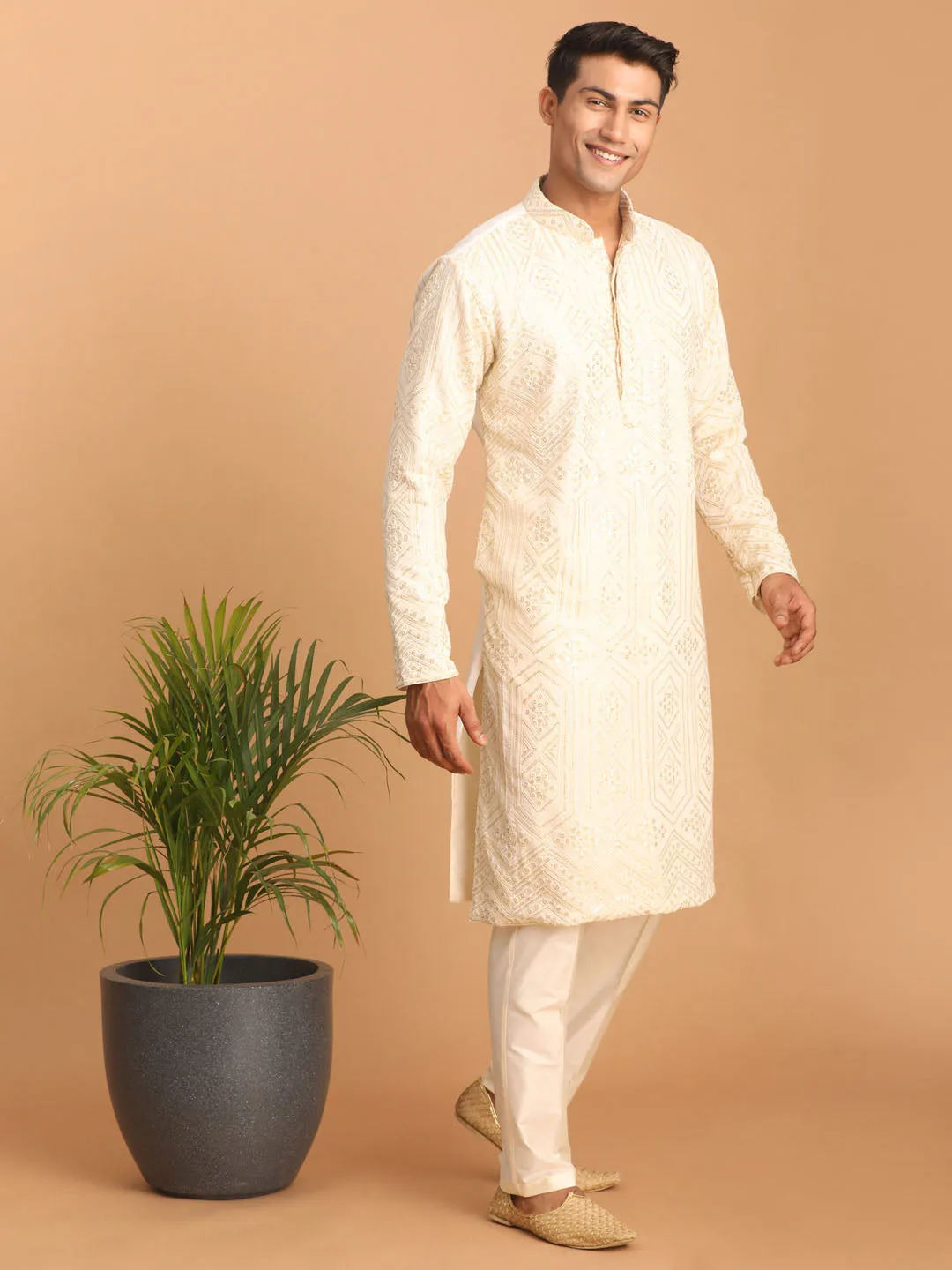 Jashvi Men's Cream Golden Sequin Embroidered Kurta And Cream Pant Set