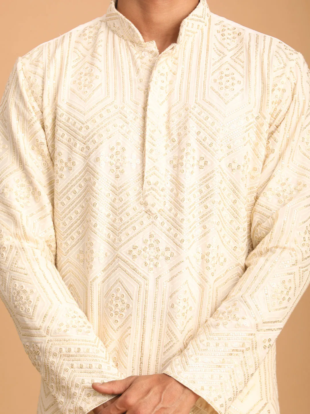 Jashvi Men's Cream Golden Sequin Embroidered Kurta And Cream Pant Set