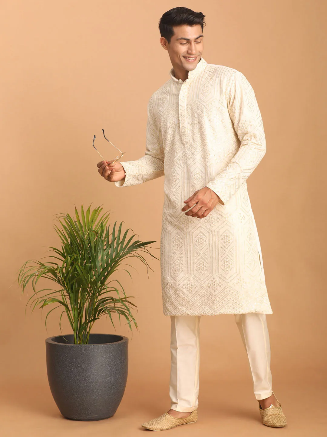 Jashvi Men's Cream Golden Sequin Embroidered Kurta And Cream Pant Set