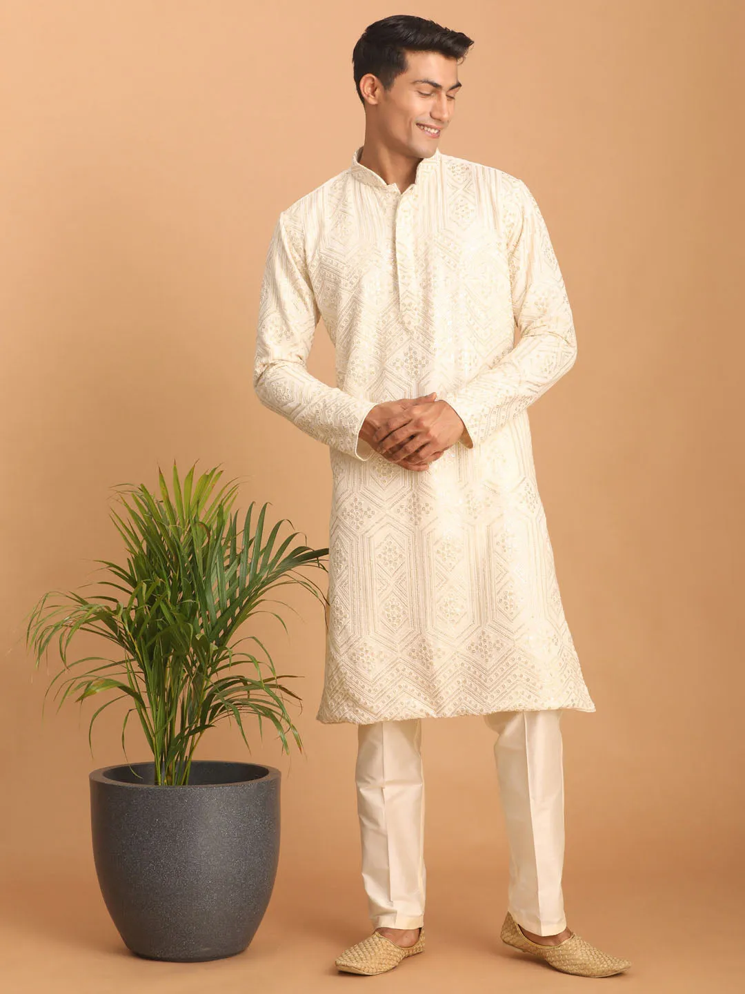 Jashvi Men's Cream Golden Sequin Embroidered Kurta And Cream Pant Set