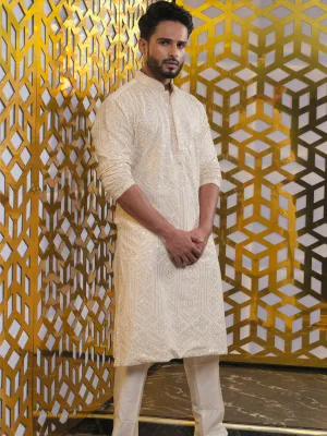 Jashvi Men's Cream Golden Sequin Embroidered Kurta And Cream Pant Set