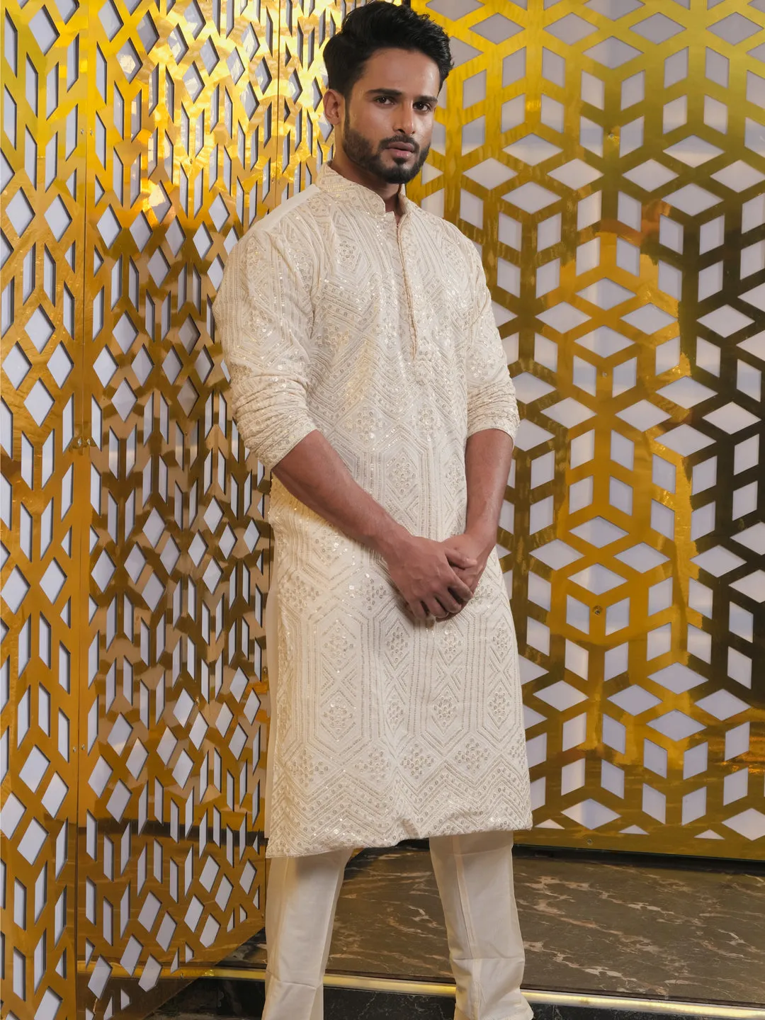 Jashvi Men's Cream Golden Sequin Embroidered Kurta And Cream Pant Set