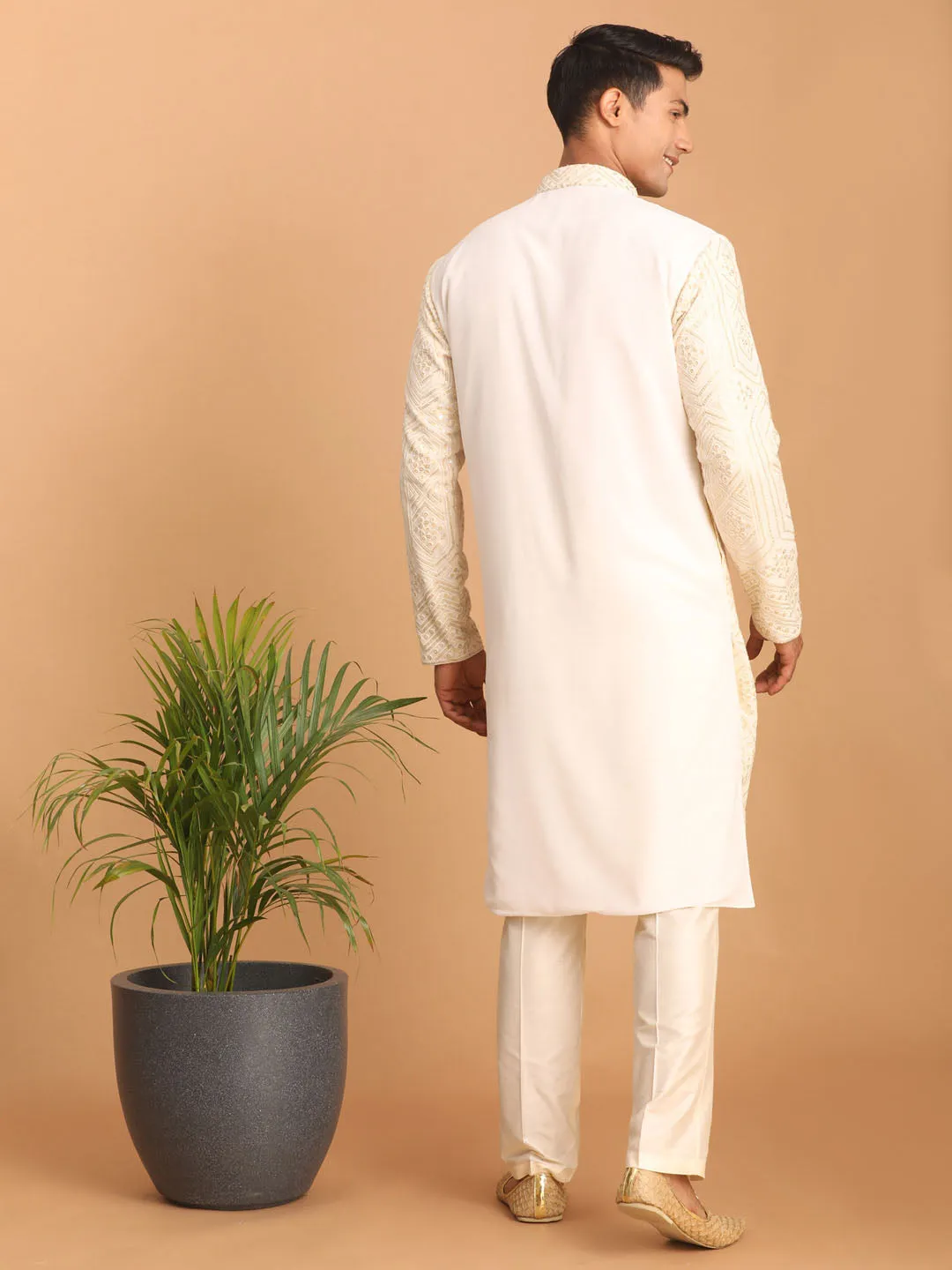 Jashvi Men's Cream Golden Sequin Embroidered Kurta And Cream Pant Set