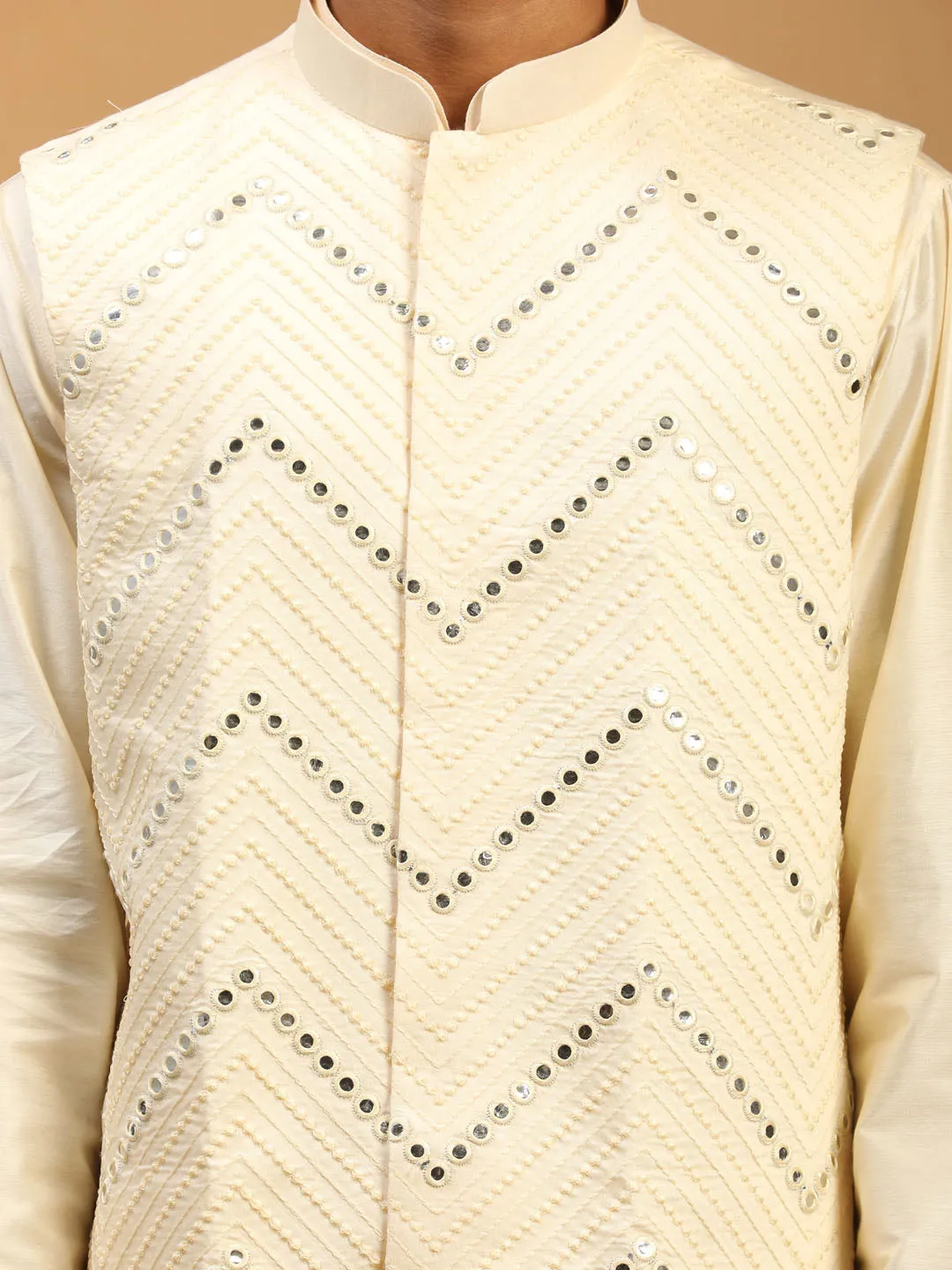Jashvi Men's Cream Mirror Jacket With Front Open Kurta Pyjama Set