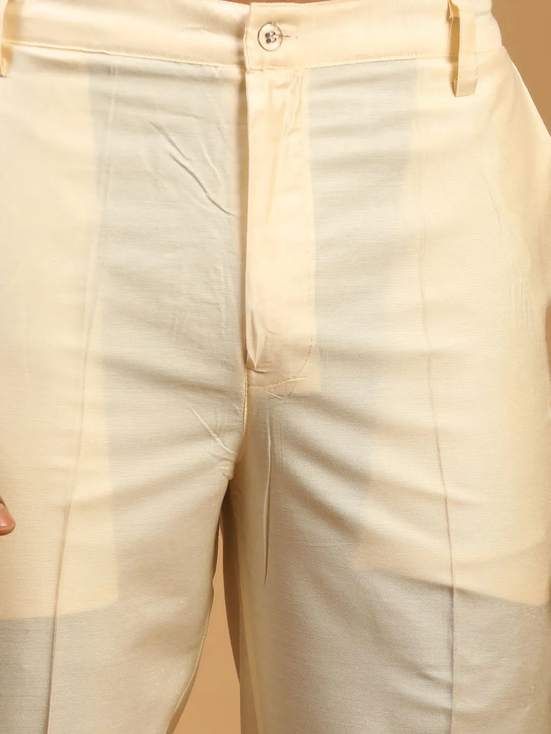 Jashvi Men's Cream Mirror Jacket With Front Open Kurta Pyjama Set