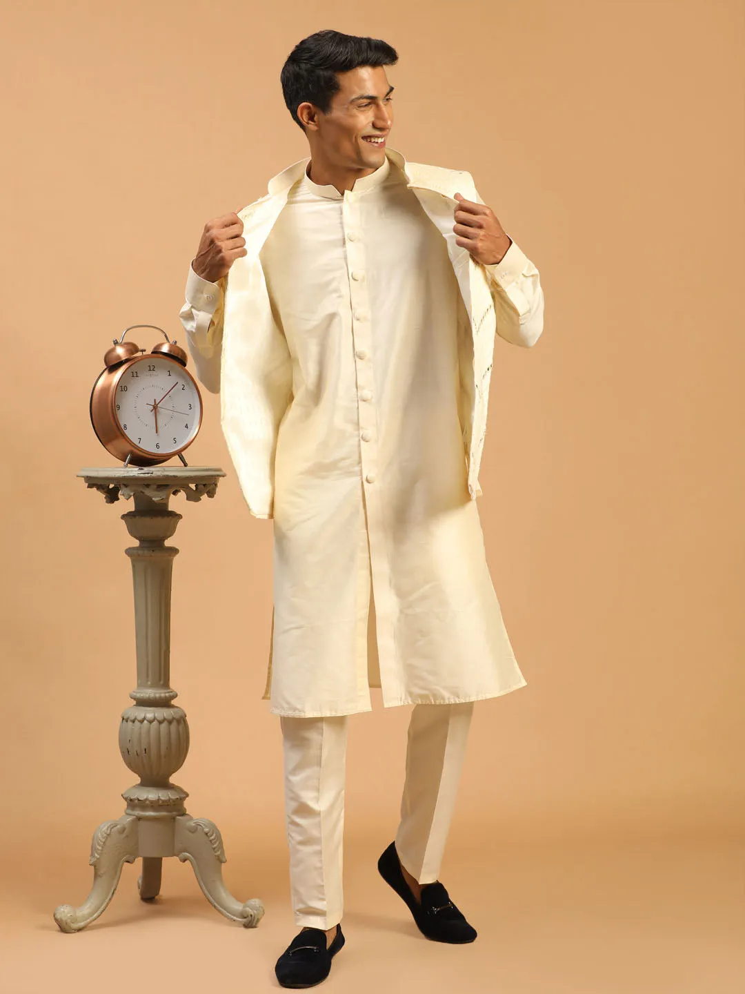 Jashvi Men's Cream Mirror Jacket With Front Open Kurta Pyjama Set