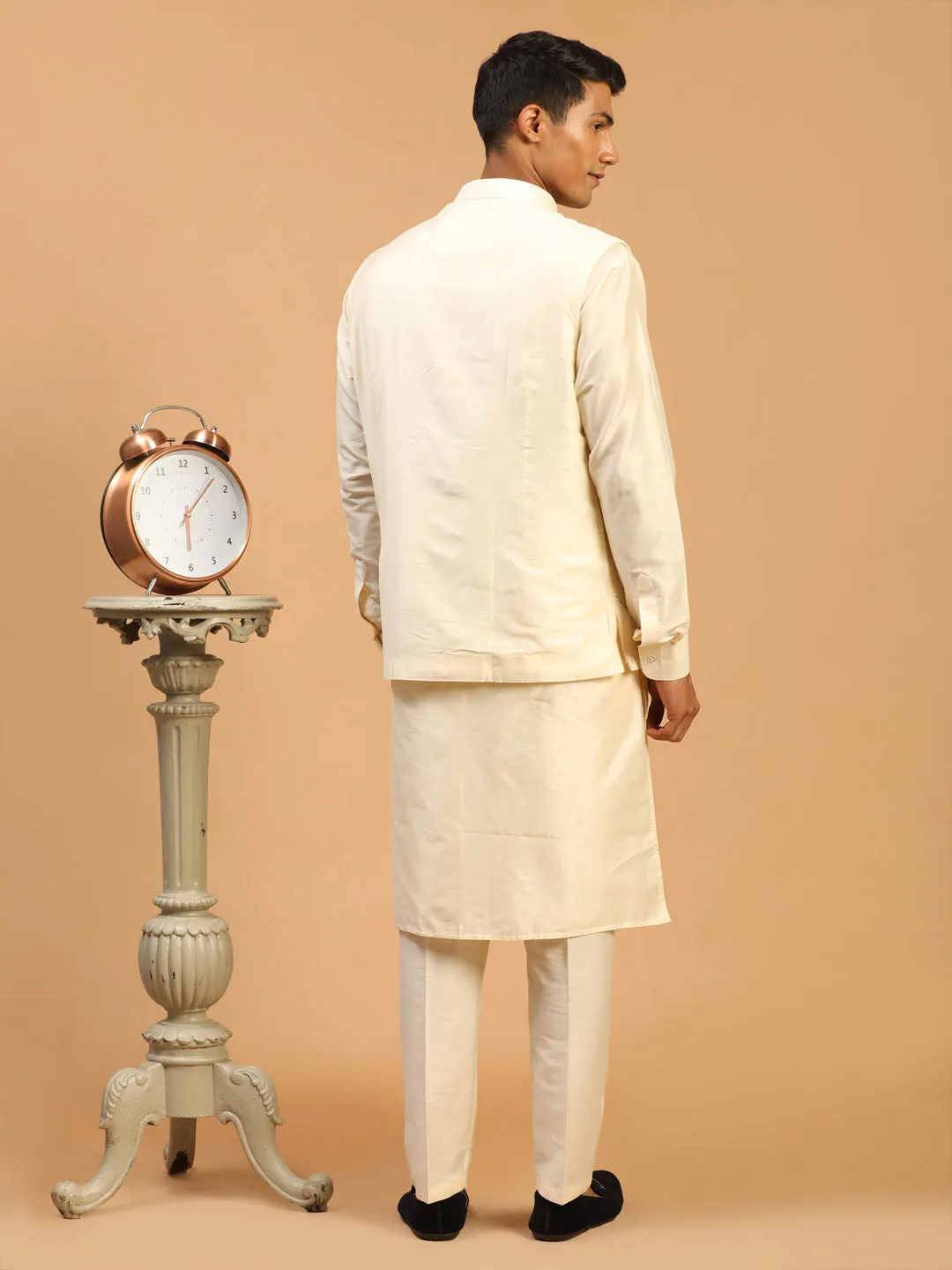 Jashvi Men's Cream Mirror Jacket With Front Open Kurta Pyjama Set