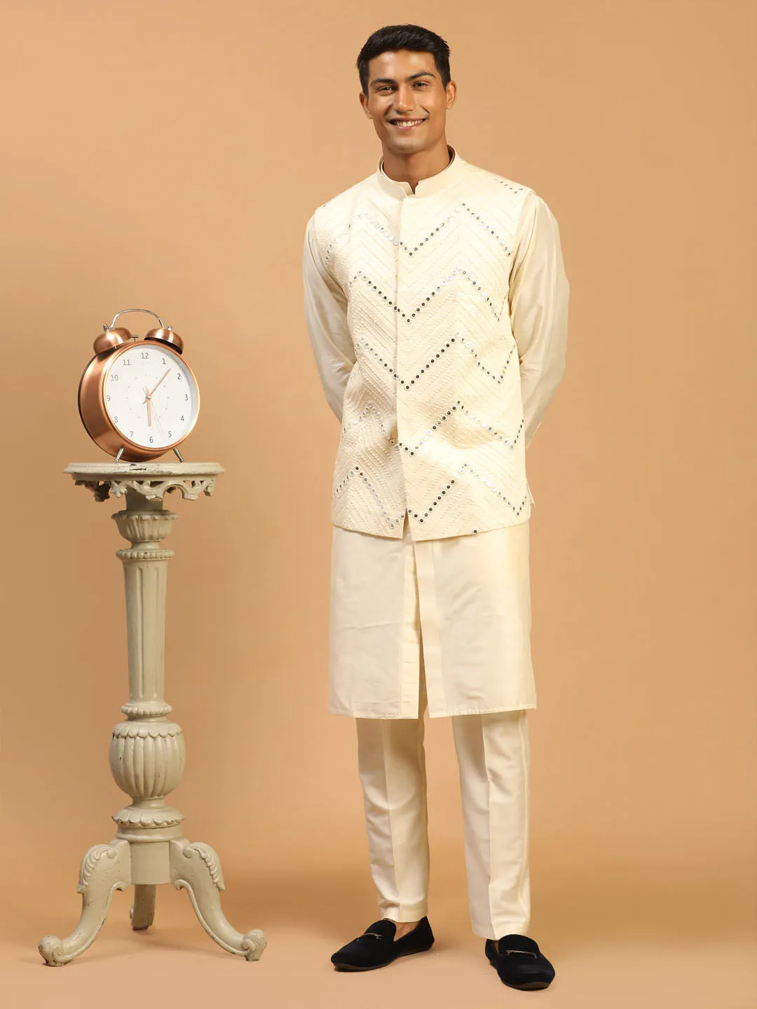 Jashvi Men's Cream Mirror Jacket With Front Open Kurta Pyjama Set