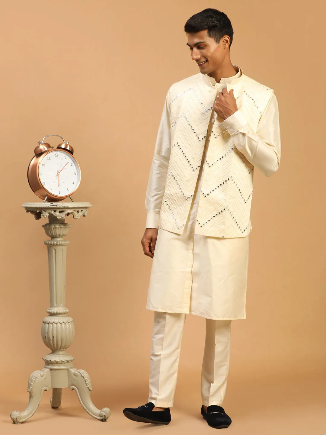 Jashvi Men's Cream Mirror Jacket With Front Open Kurta Pyjama Set