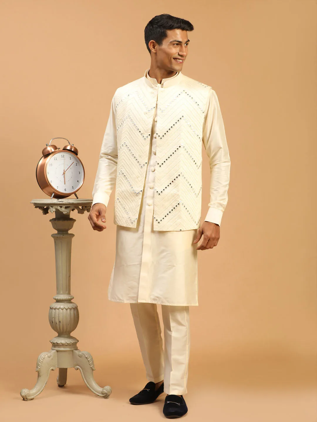 Jashvi Men's Cream Mirror Jacket With Front Open Kurta Pyjama Set