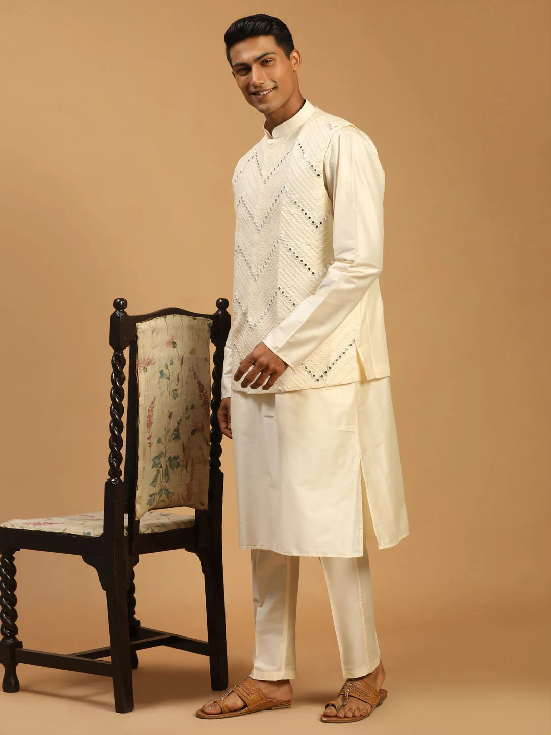 Jashvi Men's Cream Mirror Jacket With Kurta Pant Set